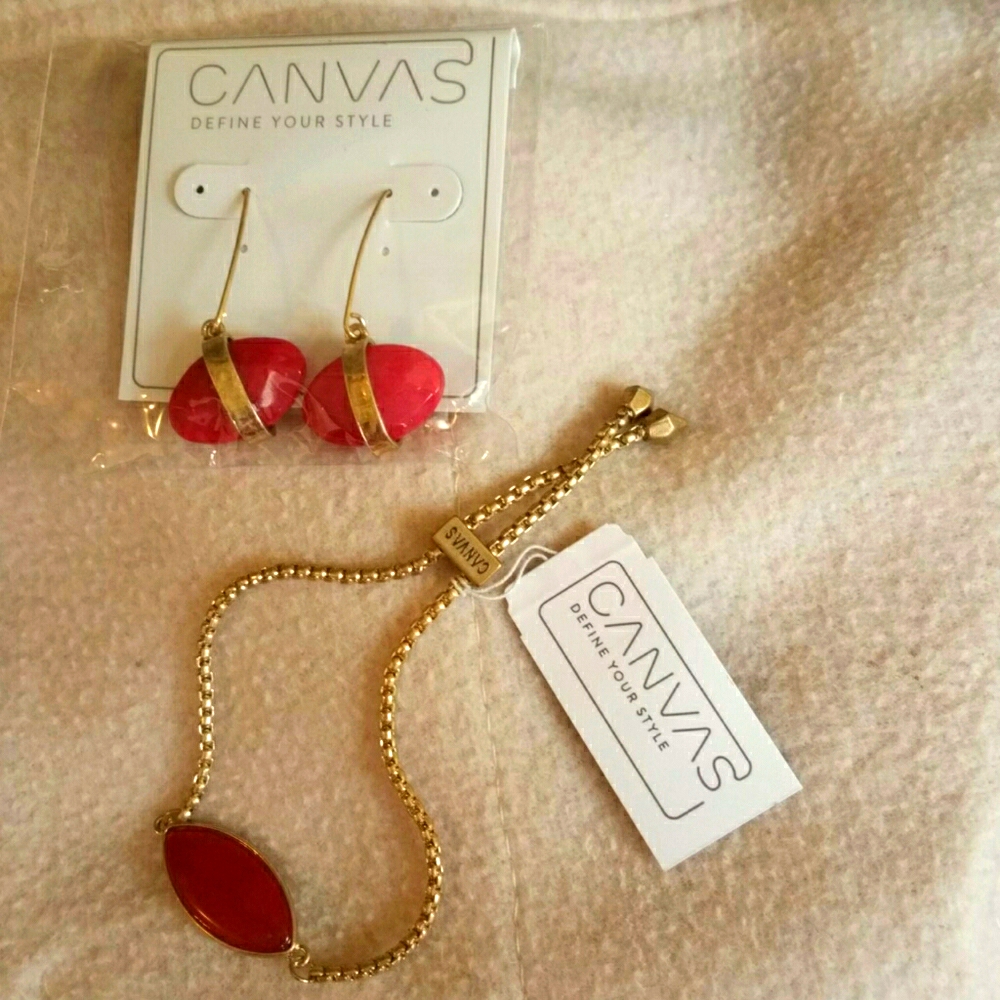 Canvas Bracelet And Earrings Goldtone Red Ovals